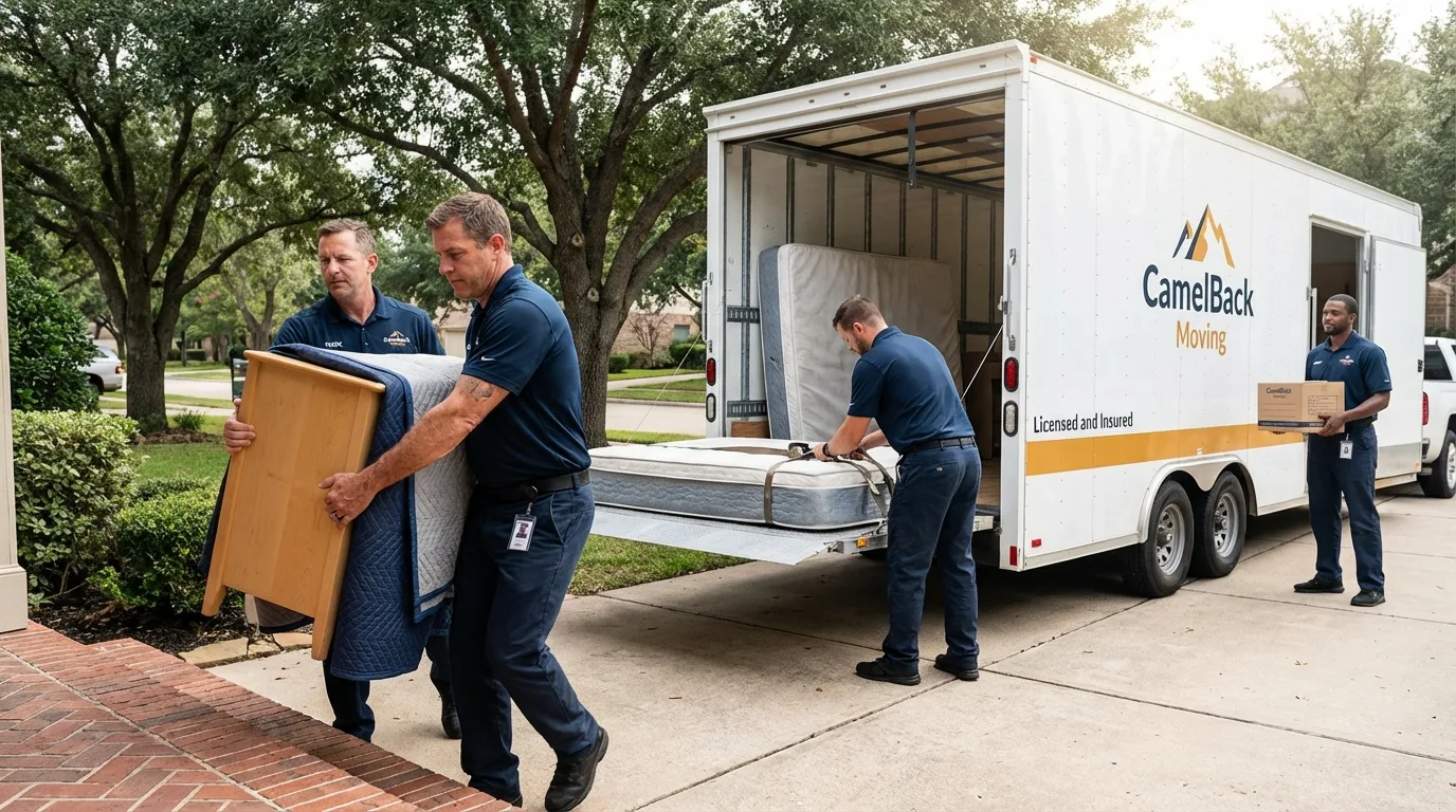 Crew loading residential truck for cross-state move from South Houston, TX