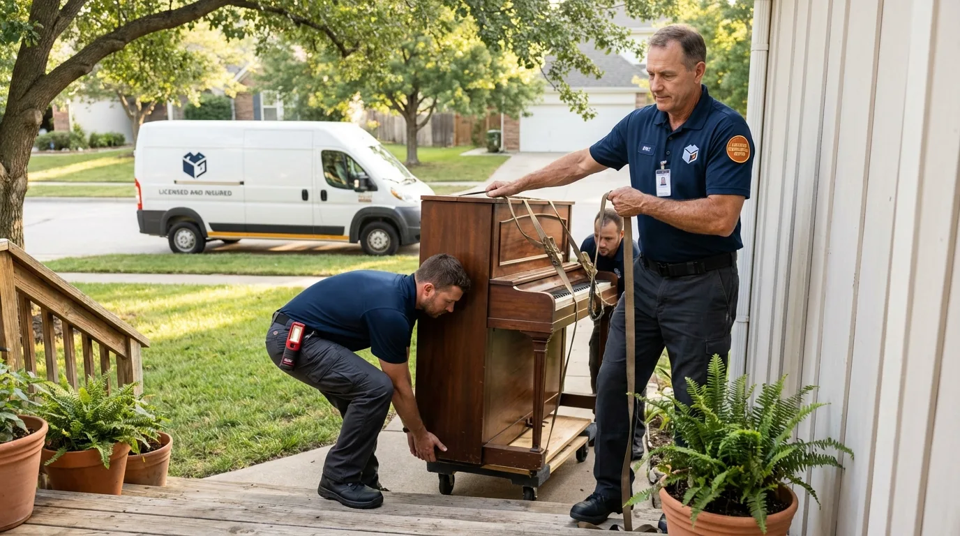 Licensed piano movers securing grand piano in South Houston, TX