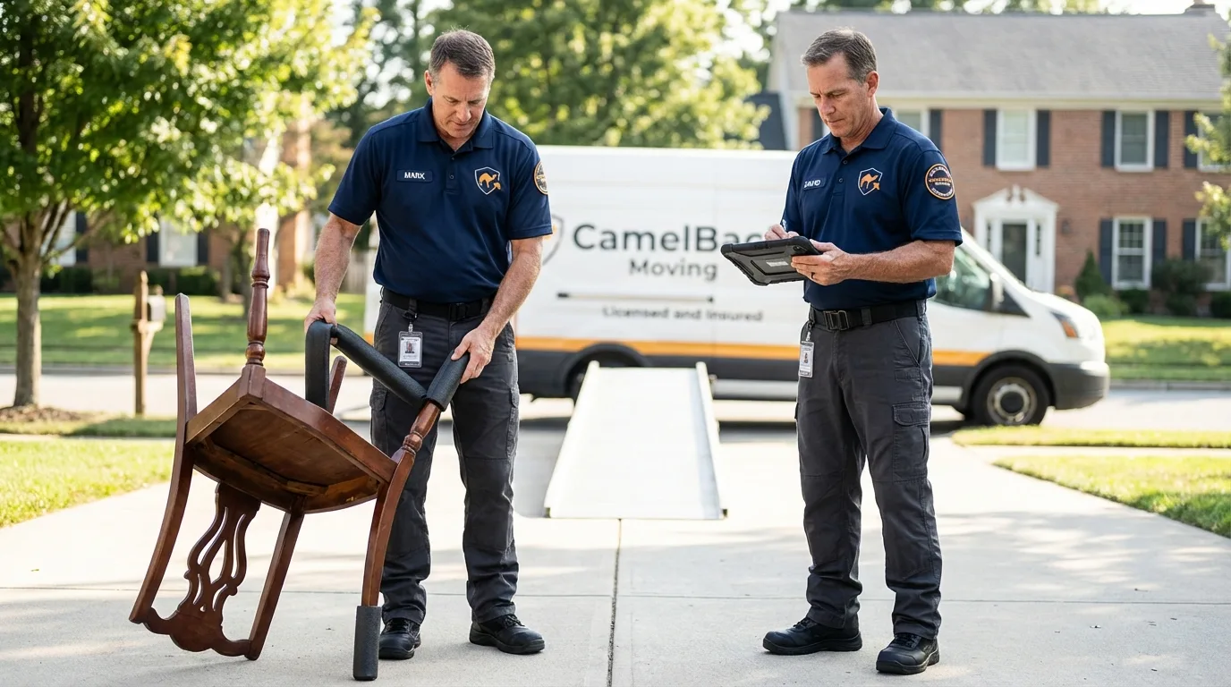 Movers inspecting furniture for damage prevention before loading in South Houston, TX