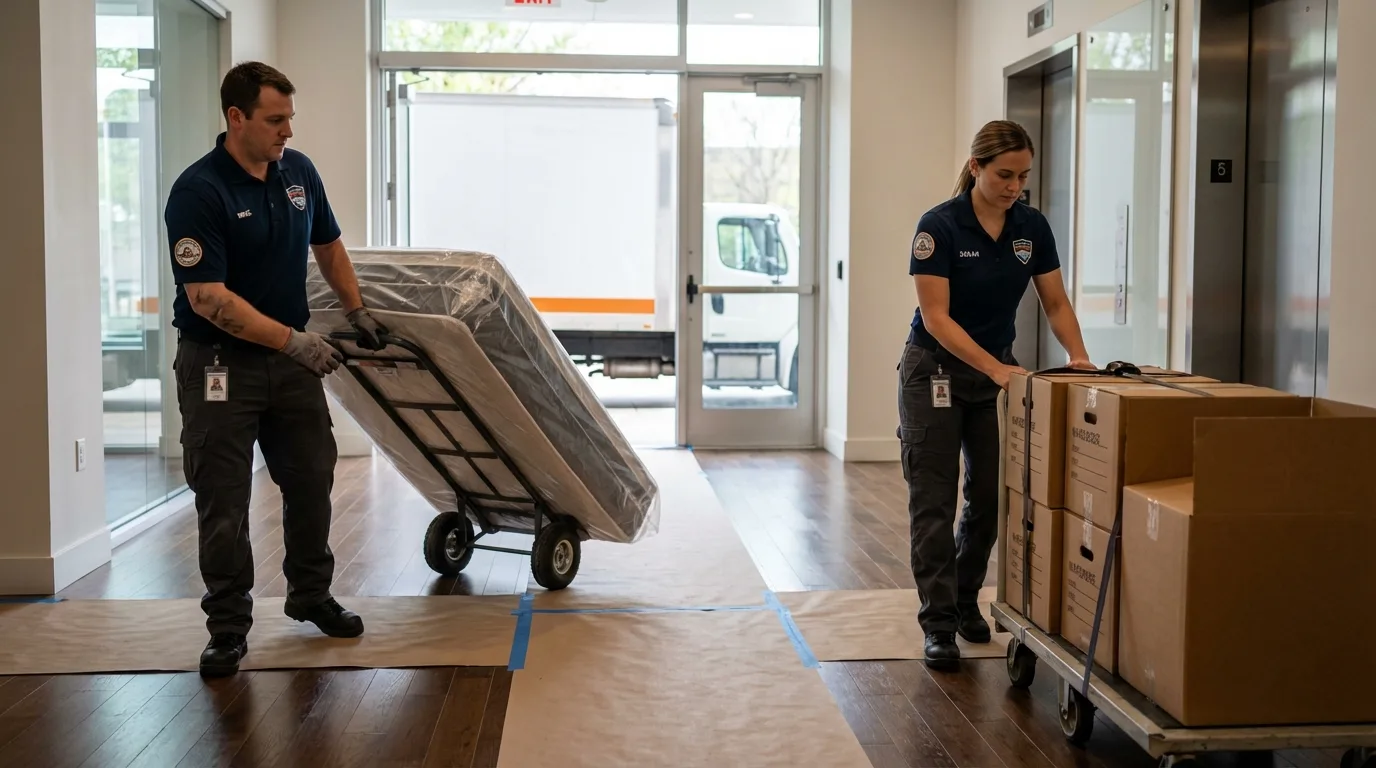 Professional apartment movers loading elevator in South Houston, TX