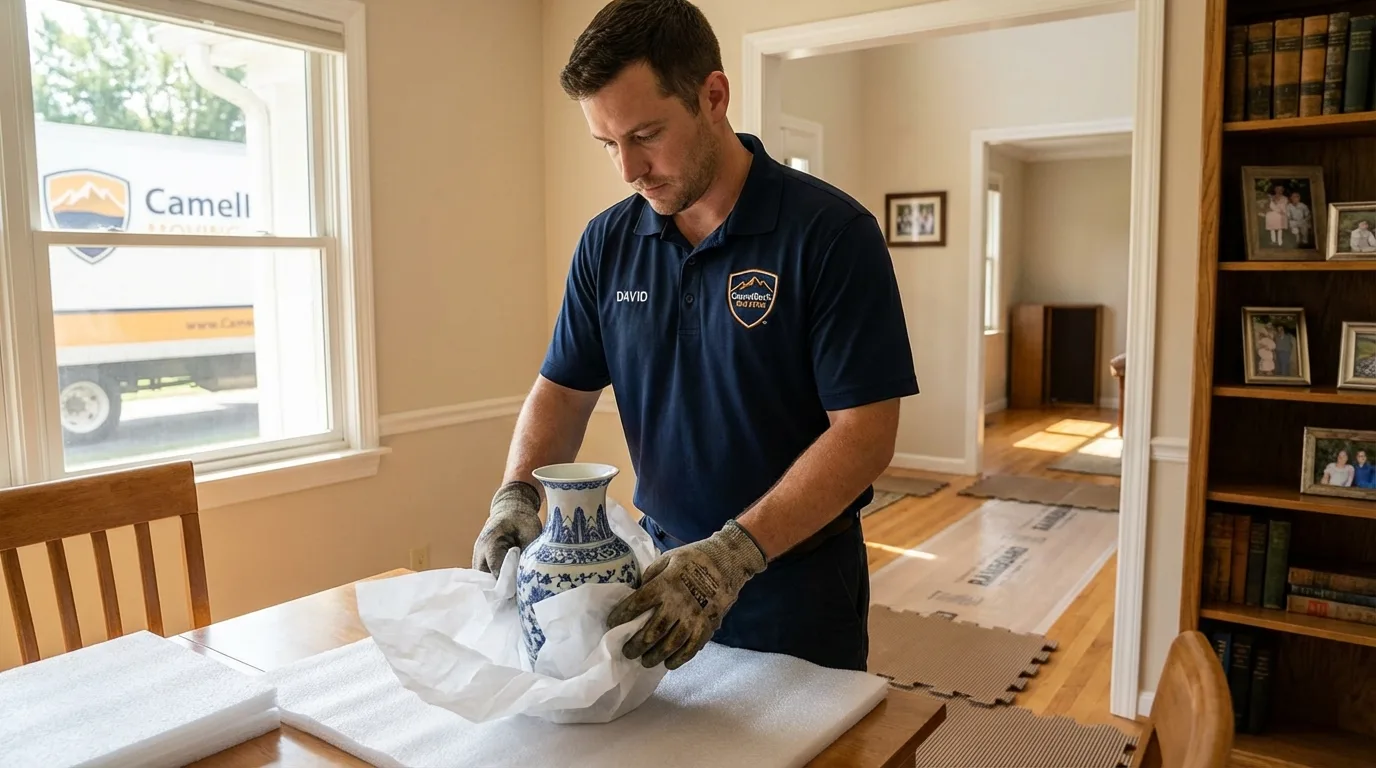 Professional crew carefully wrapping antique vase for senior downsizing move in South Houston, TX